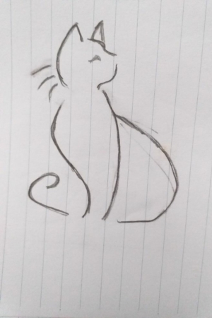 Fofo desenho de um gato sentado em papel pautado. Para desenhar.