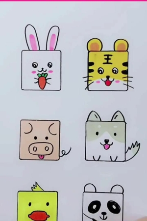 Seis rostos fofos de animais desenhados à mão: coelho, tigre, porco, cachorro, pato e panda em um fundo branco. Para desenhar.