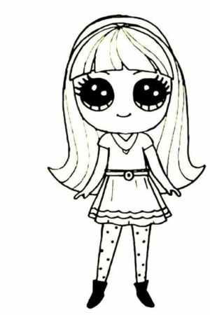 Desenho animado Fofo de uma menina com cabelos longos, olhos grandes, usando um vestido com cinto, meias e botas, sorrindo. Para desenhar.