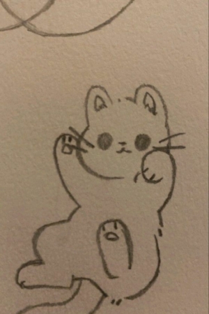 Um desenho simples de um gato fofo com patas levantadas, rosto redondo e rabo enrolado. Para desenhar.