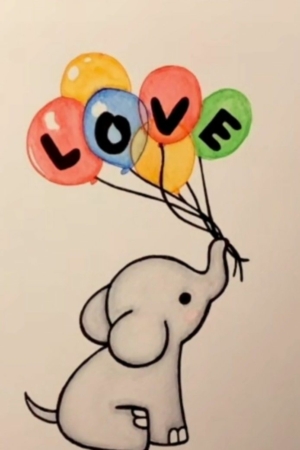 Um desenho fofo de um elefante de desenho animado segurando quatro balões coloridos com a palavra "AMOR" escrita com sua tromba. Para desenhar.