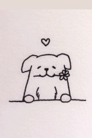 Desenho fofo de um cachorro com uma flor na orelha e um coração sobre a cabeça em um fundo branco. Simples e encantador, é perfeito para quem adora desenhar. Para desenhar.