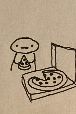 Personagem de desenho animado segurando uma fatia de pizza, de pé ao lado de uma caixa de pizza aberta com uma fatia faltando, parecendo fofo e pronto para qualquer fã de desenho animado aproveitar. Para desenhar.