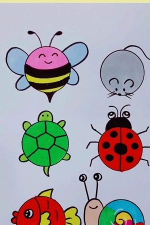 Desenhos animados coloridos de uma abelha, um rato, uma tartaruga, uma joaninha, um peixe e um caracol dispostos em uma grade 3x2 em um fundo branco. Cada desenho é excepcionalmente fofo e charmosamente detalhado. Para desenhar.