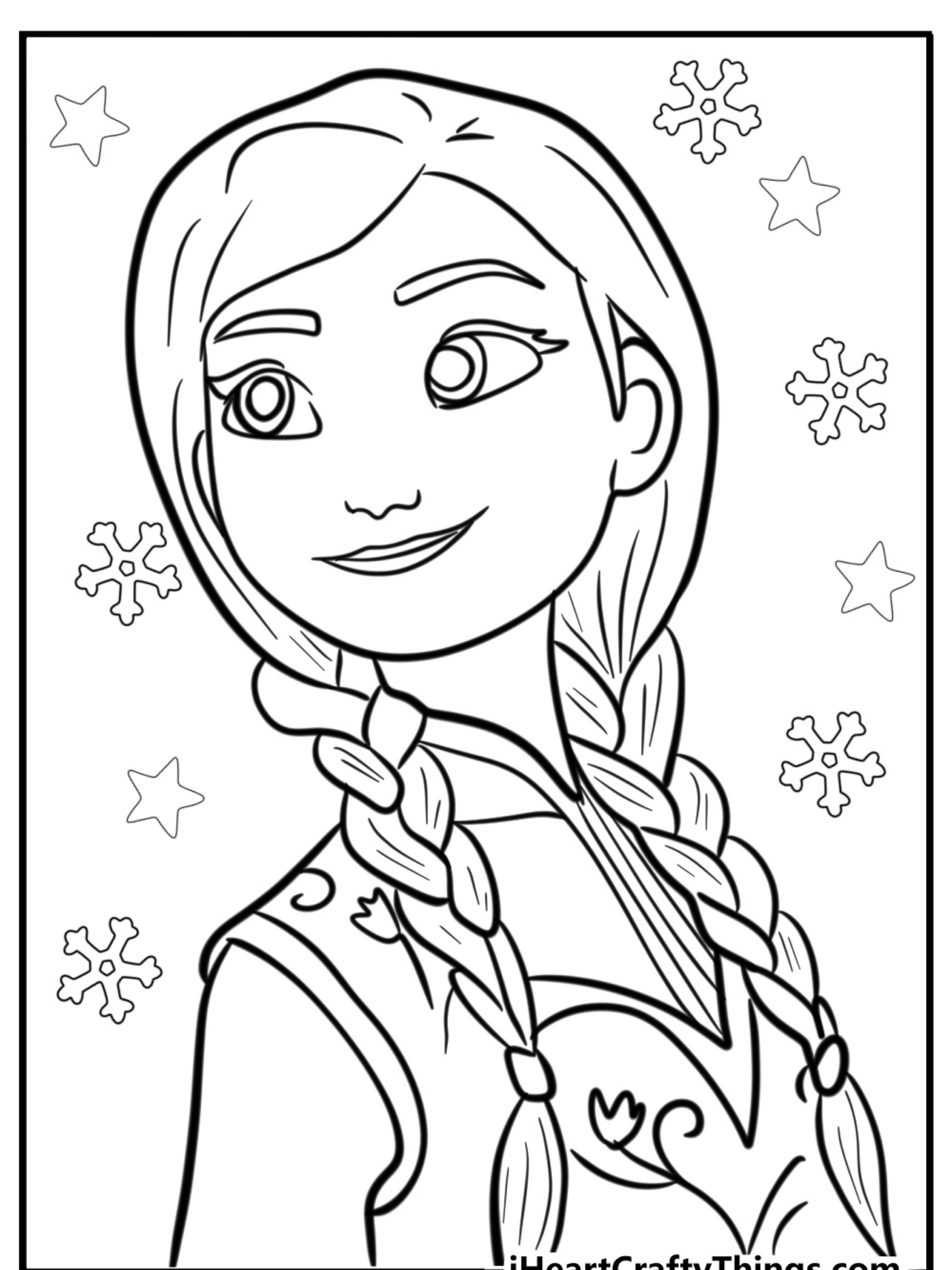 Um personagem da Disney com cabelo trançado sorri em uma página para colorir com tema Frozen, cercado por flocos de neve prontos para colorir.