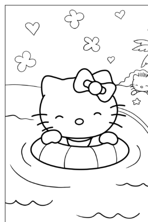 Gato fofo de desenho animado em um anel flutuante aproveitando a água, com corações e flores no alto, e outro gato ao lado de uma palmeira no fundo. Perfeito para desenhos para colorir com tema Hello Kit!