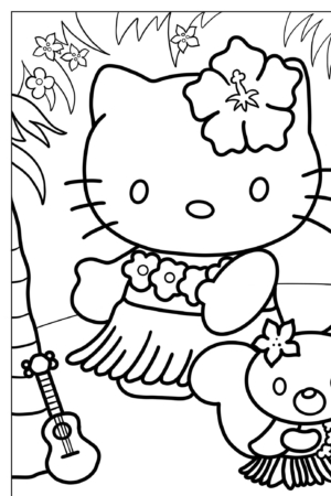 Hello Kitty e um pequeno amigo animal em trajes de hula, com um ukulele e flores tropicais ao fundo — perfeito para quem ama desenhos de Hello Kitty.