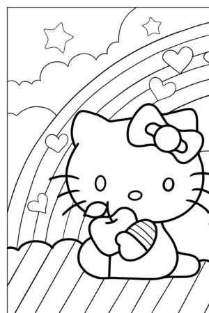 Um gato fofo de desenho animado com um laço segura uma maçã em frente a um fundo de arco-íris e nuvens com corações e estrelas, que lembra os desenhos para colorir da Hello Kit.