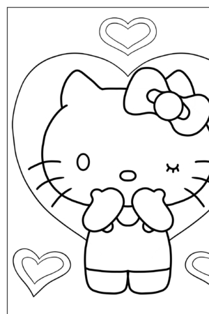 Gato fofo com um laço, piscando e cercado por corações em um estilo de arte linear em preto e branco, perfeito para Desenhos para colorir.