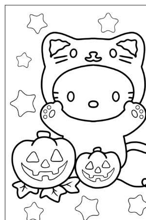 Gato fofo fantasiado com Jack-o'-lanterns e estrelas ao fundo, perfeito para o Halloween. Os amantes de Hello Kit vão adorar essa cena, que lembra o caprichoso desenho para colorir.