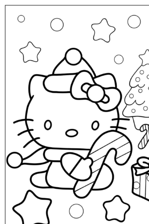 Hello Kitty com um chapéu de inverno segurando um bastão de doces, cercada por estrelas, uma árvore de Natal e presentes em uma cena festiva é perfeita para desenhos para colorir.