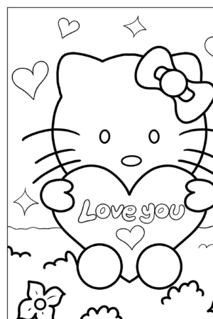 Um gatinho fofo de desenho animado, que lembra Hello Kit, segurando um coração com "Te amo" cercado por corações, estrelas, flores e uma nuvem. Perfeito para desenho para colorir!