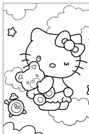 Um lindo gato Hello Kit com um laço segurando um ursinho de pelúcia entre nuvens, estrelas e uma lua crescente, perfeito para desenhos para colorir.