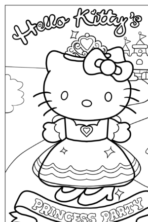 Hello Kitty vestida de princesa com uma tiara e um castelo ao fundo, sob o texto "Festa de Princesas da Hello Kitty". Desenho para colorir perfeito para fãs da Hello Kit!