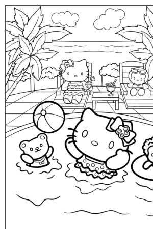 Página para colorir de desenhos para colorir personagens de desenhos animados relaxando em uma piscina com palmeiras, uma bola de praia e espreguiçadeiras ao fundo.