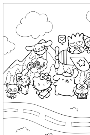 Personagens fofos de desenho animado, incluindo um gato e um sapo, em uma cena de montanha com um avião e um banner "Let's Go!". Desenho para colorir perfeito para fãs de Hello Kit!