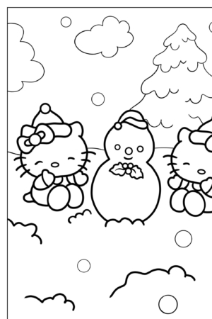 Dois gatinhos de desenho animado usando cachecóis e chapéus sentados ao lado de um boneco de neve em um cenário de neve com uma árvore e nuvens ao fundo, perfeito para desenhos para colorir.