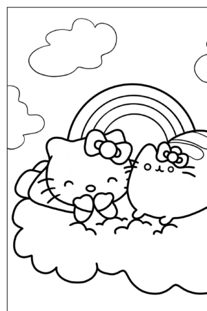 Dois gatos de desenho animado, um com um laço, sentados em uma nuvem com um arco-íris e nuvens fofas ao fundo. Esta cena caprichosa parece ter saído diretamente do Hello Kit desenho para colorir, trazendo pura alegria para qualquer um que ame ilustrações divertidas.