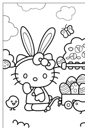 Um gato fofo de desenho animado com orelhas de coelho, puxando um carrinho cheio de ovos de Páscoa, acompanhado por dois pintinhos. É como uma cena vibrante de Hello Kit desenho para colorir!