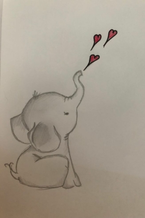 Um esboço de um bebê elefante sentado e soprando bolhas em formato de coração de sua tromba, perfeito para aqueles que amam Desenhos Legais e gostam de cenas fofas de desenho.