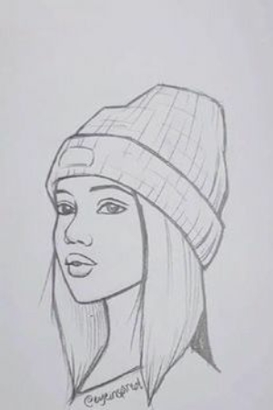 Desenhos Legais: Esboço de uma mulher com cabelos longos, usando um gorro, olhando para o lado.