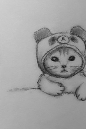 Um esboço a lápis de um gatinho vestindo um moletom de panda com um pequeno coração desenhado ao lado, perfeito para quem gosta de fazer desenhos legais.