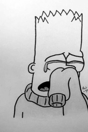 Um desenho em preto e branco de Bart Simpson chorando com o rosto parcialmente coberto pelo suéter, exemplificando os clássicos Desenhos Legais.