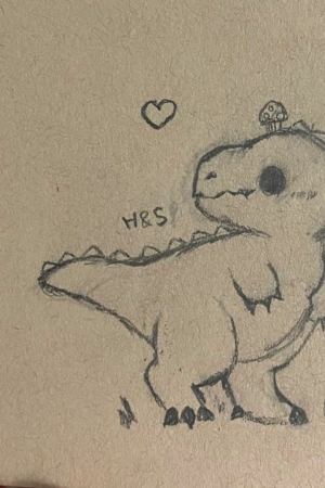 Desenhar um dinossauro fofo com um cogumelo na cabeça, de pé ao lado de outro cogumelo, e com um símbolo de coração acima são ideias perfeitas para fazer Desenhos Legais.