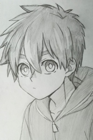 Desenho a lápis de um garoto de anime de olhos arregalados, cabelo espetado, usando um moletom, olhando levemente para o lado. Desenhos como esses são perfeitos para quem quer desenhar personagens legais.