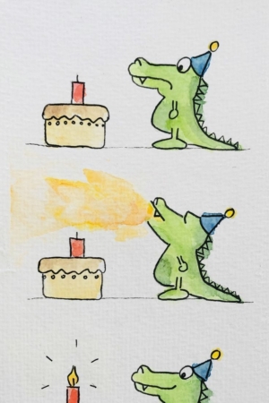 Um crocodilo de desenho animado com um chapéu de festa apaga uma vela com sopro de fogo e olha para o bolo feliz. Texto: "H U R R A! Desenhar é muito divertido!