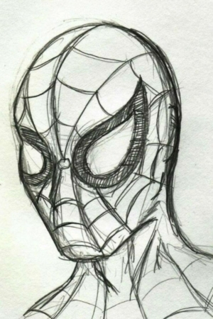 Esboço da cabeça e do tronco superior do Homem-Aranha, mostrando sua icônica máscara com padrão de teia e olhos grandes e expressivos. Esses desenhos são superlegais!