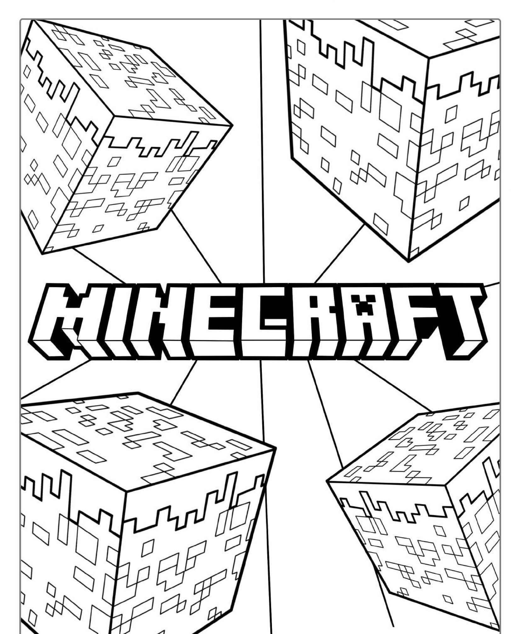 Logotipo do Minecraft com quatro blocos pixelados ao redor, em um design estilo história em quadrinhos em preto e branco, perfeito para os fãs colorirem. Para Colorir.