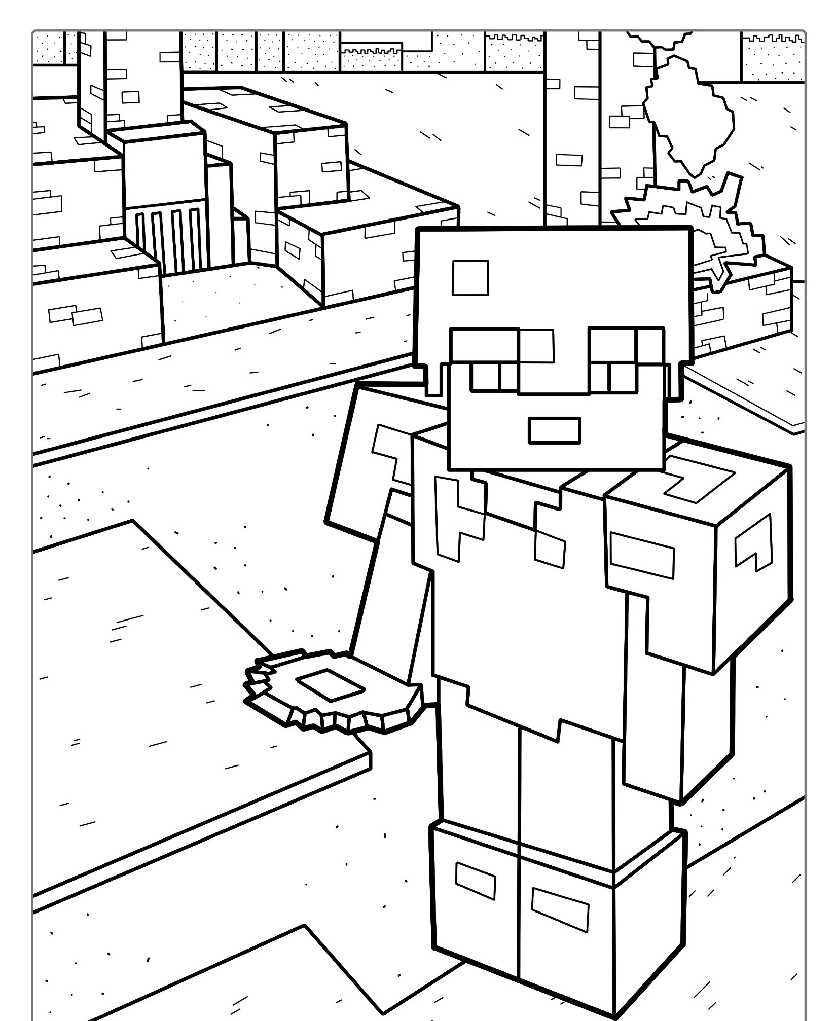 Um personagem do Minecraft está do lado de fora, segurando um item, com edifícios e estruturas em blocos ao fundo, perfeito para quem gosta de colorir um desenho detalhado desse mundo pixelado. Para Colorir.