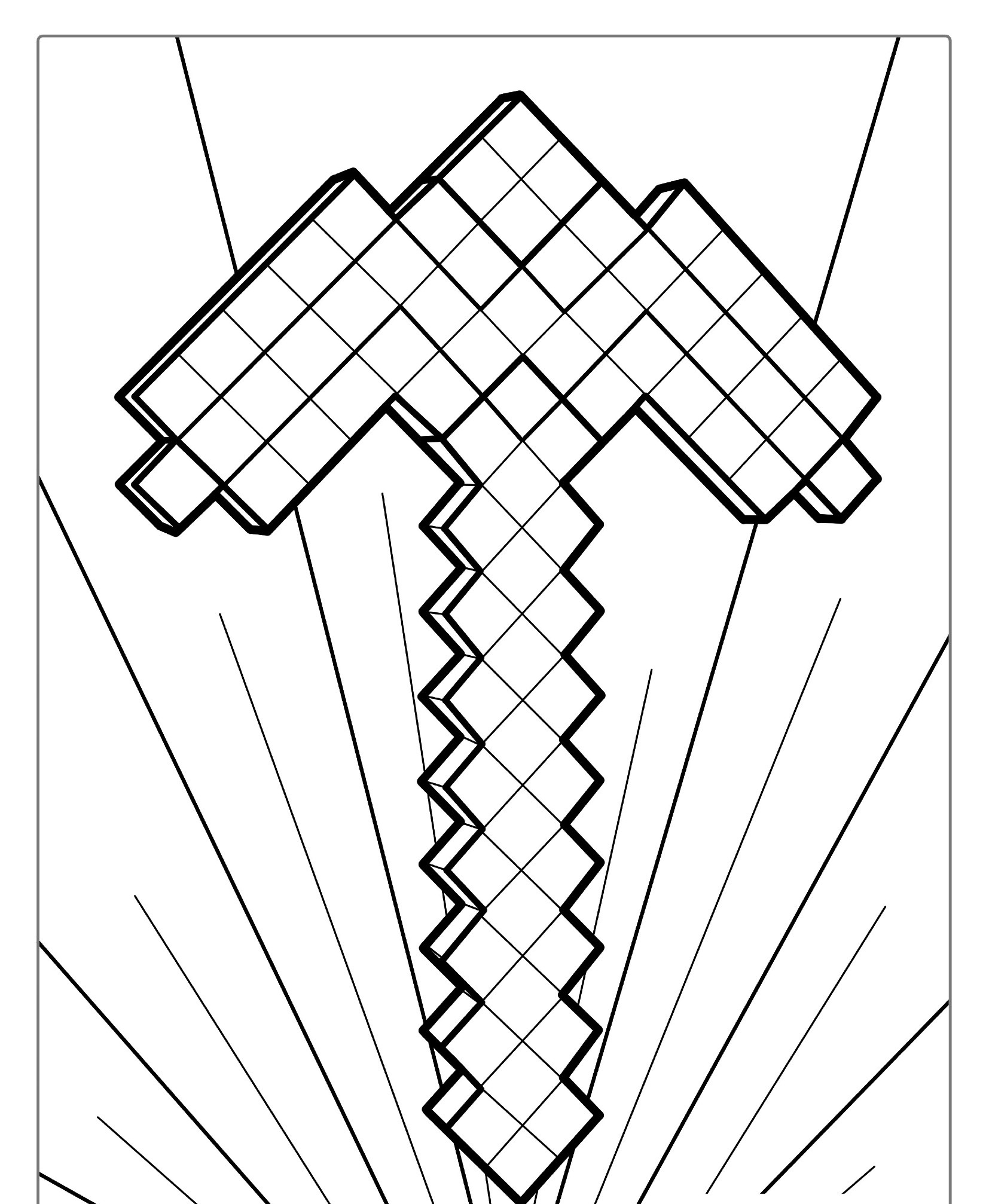 Martelo pixelado contornado em preto sobre fundo branco com linhas radiantes, perfeito para entusiastas do Minecraft desenharem e colorirem. Para Colorir.