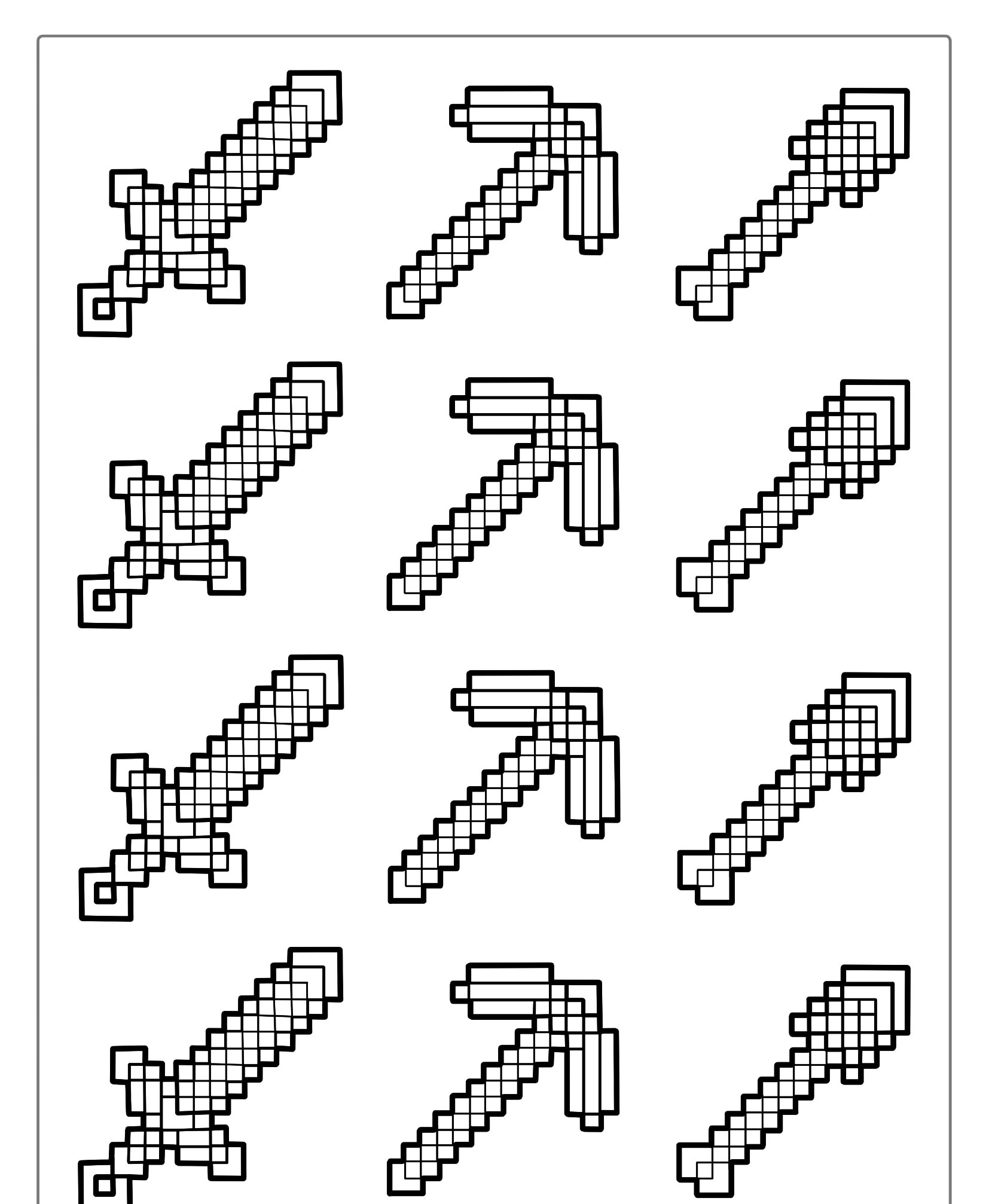 Pixel art de espadas e picaretas do Minecraft dispostas em um padrão de grade 4x3, com espadas na primeira e terceira colunas e picaretas na segunda e quarta colunas, perfeitas para os fãs colorirem. Para Colorir.