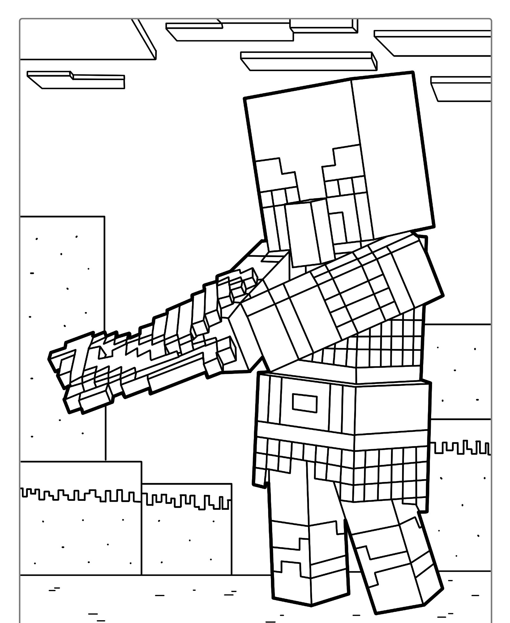 Um personagem de desenho no estilo Minecraft apontando um arco quadrado, em um ambiente pixelado com um céu nublado. Para Colorir.