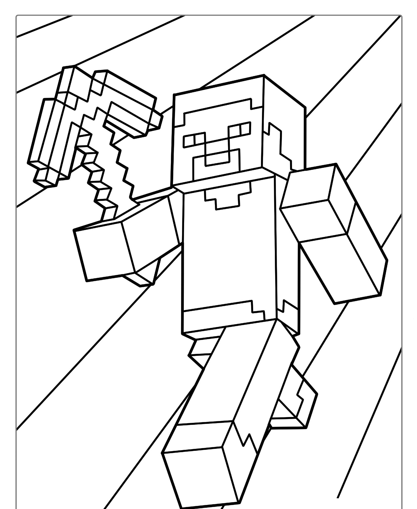 Desenho em preto e branco de um personagem do Minecraft com uma picareta, parecendo estar em movimento — um desenho perfeito para os fãs colorirem. Para Colorir.