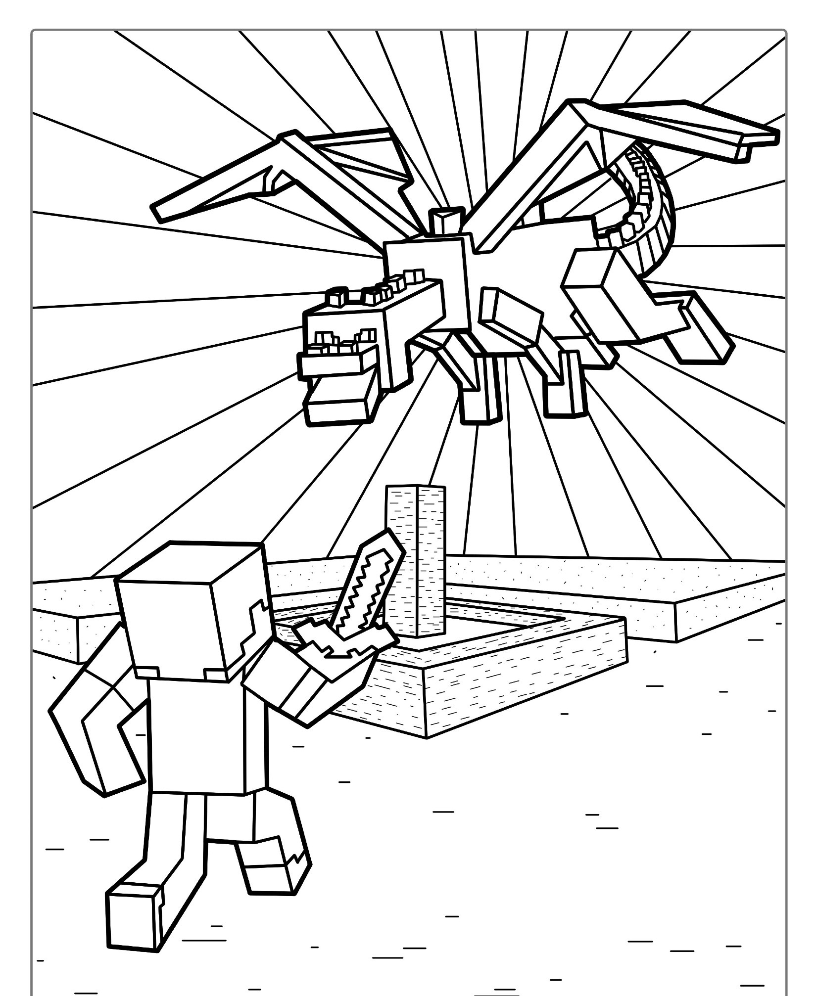 Desenho de personagem do Minecraft segurando uma espada, enfrentando um dragão sob raios de luz em um ambiente de blocos. Para Colorir.