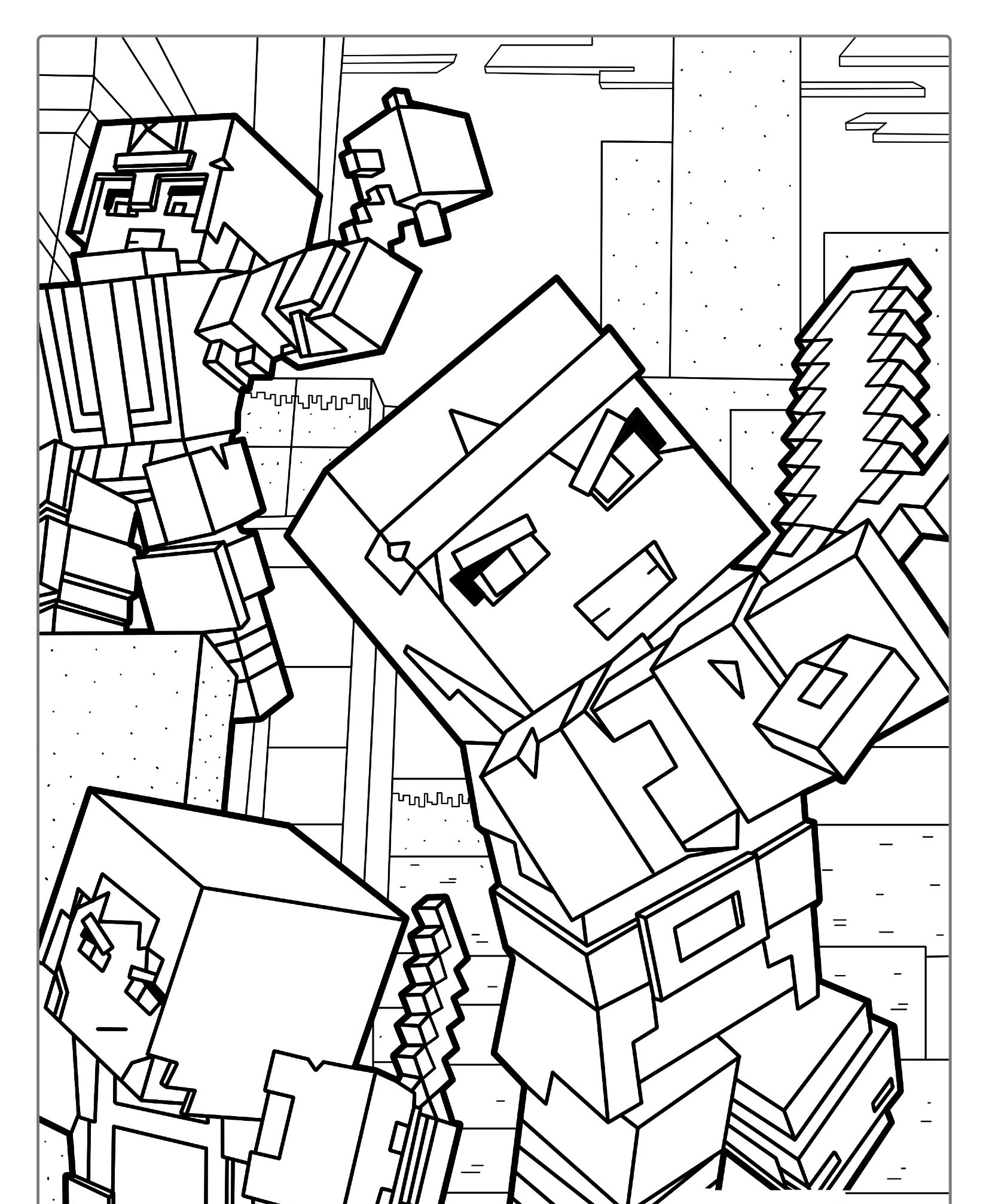 Três personagens quadrados no estilo Minecraft em poses de ação com armas são colocados em um fundo externo pixelado, perfeito para um Desenho para Colorir. Para Colorir.