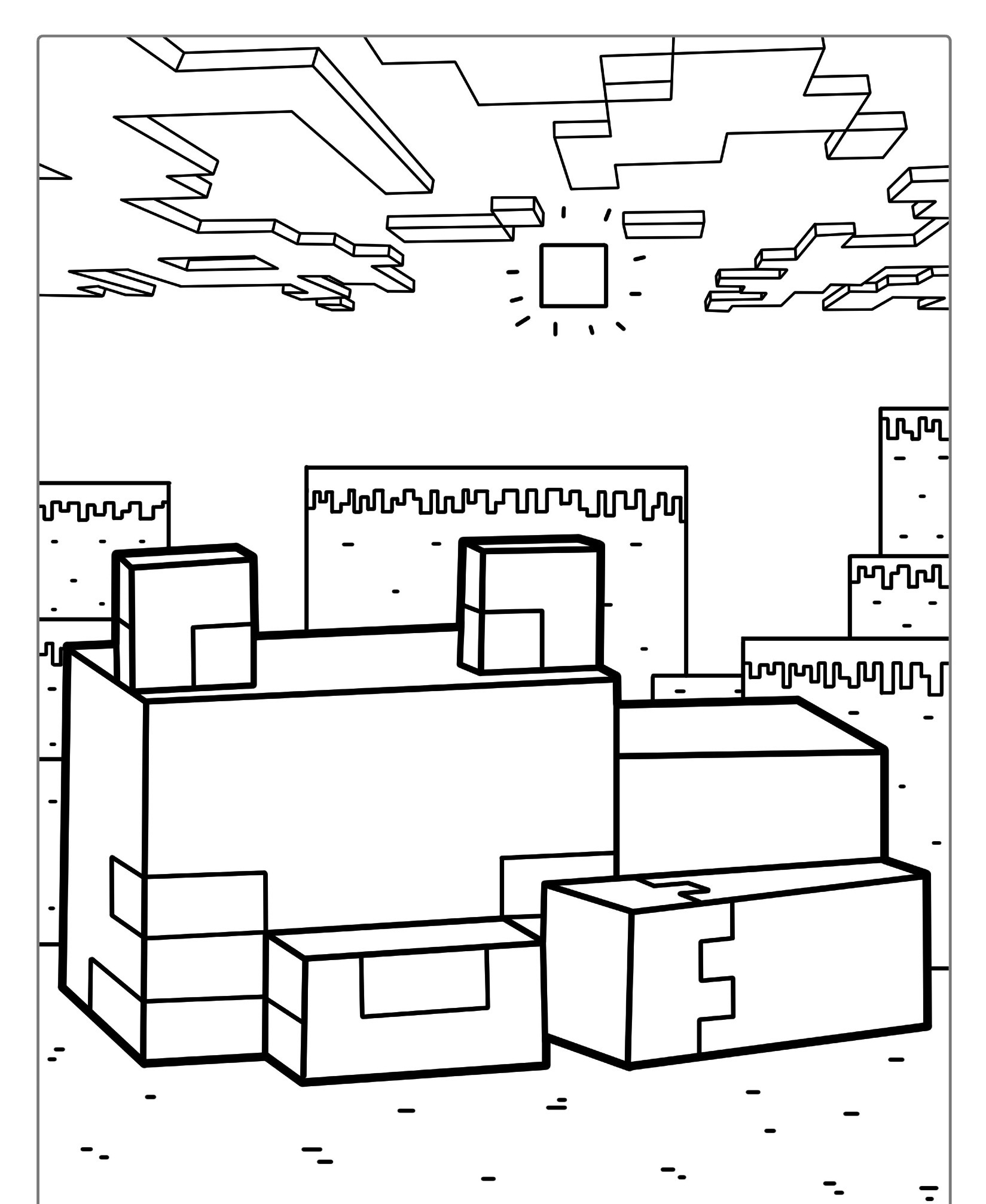 Contorno preto e branco de um castelo pixelado e em blocos com torres, contra um céu com um sol quadrado e nuvens, que lembra Minecraft. Perfeito para entusiastas de colorir (colorir) que gostam de dar vida a esses desenhos. Para Colorir.