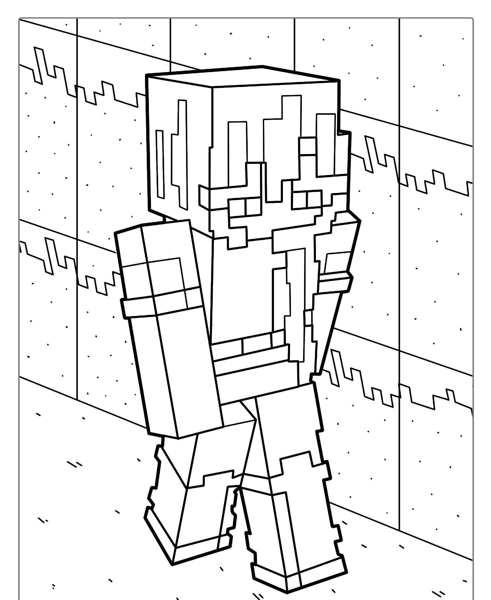 Personagem pixelado caminhando com uma espada na mão, em um cenário estilo Minecraft, em meio a um terreno colorido de pixel art. Para Colorir.