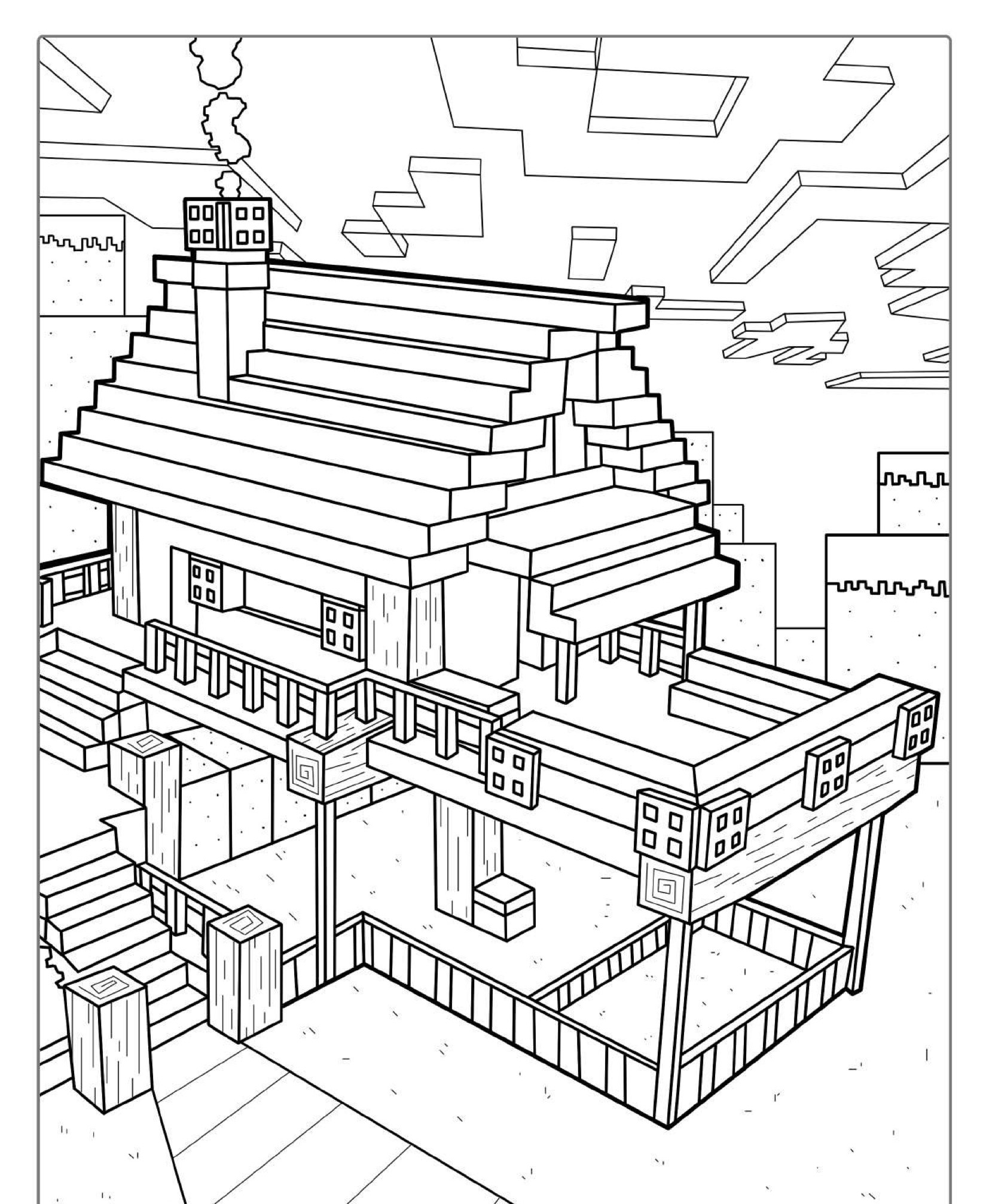 Desenho para Colorir: Uma página para colorir de uma casa pixelada, semelhante ao Minecraft, completa com uma grande varanda e uma chaminé. Para Colorir.