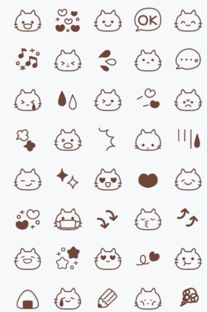 Uma grade de vários emoticons de gatos fofos exibindo diferentes emoções e atividades, incluindo corações, música e lágrimas, perfeitos para uma capa de caderno.