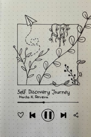 Folhas desenhadas à mão e um avião de papel emolduram elegantemente o texto "Self Discovery Journey" de Marita K. Ferreira, lembrando um desenho encantador de uma capa de caderno vintage; botão de reprodução abaixo.