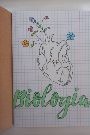 Capa do caderno com um desenho de um coração e flores crescendo a partir dele, com "Biologia" escrita em verde.