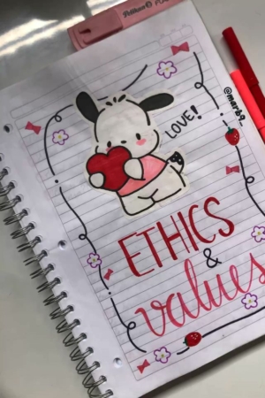 Uma página de caderno com "Ética e Valores" escrito em vermelho, decorada com um desenho fofo de um cachorro segurando um coração.