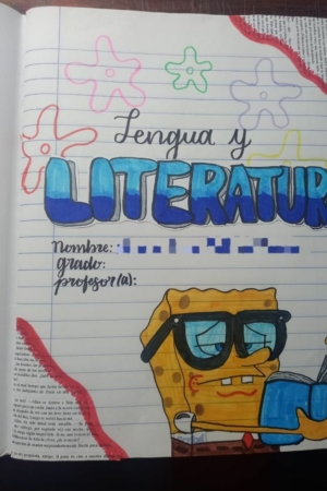 Capa do caderno colorida "Lengua y Literatura" com um personagem de desenho animado lendo um livro e espaços em branco para nome, série e professor.