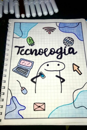 Página de caderno intitulada "Tecnologia" com rabiscos de ícones de tecnologia ao redor de um personagem sorridente na capa do caderno.