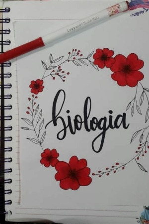 Uma página de caderno com "Biologia" escrita em cursiva, cercada por flores vermelhas; uma caneta Crayola fica acima, realçando a capa estética do caderno.