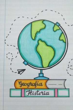 Desenho de um globo sobre dois livros rotulados "Geografía" e "Historia", com um aviãozinho de papel flutuando ao redor, perfeito para a capa do caderno.